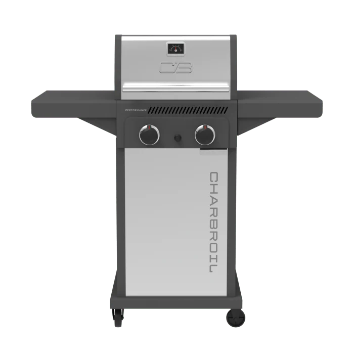 Char Broil Performance Series FlavorMax 2 Burner Gas Grill Cabinet with Foldable Side Shelves Gray Stainless