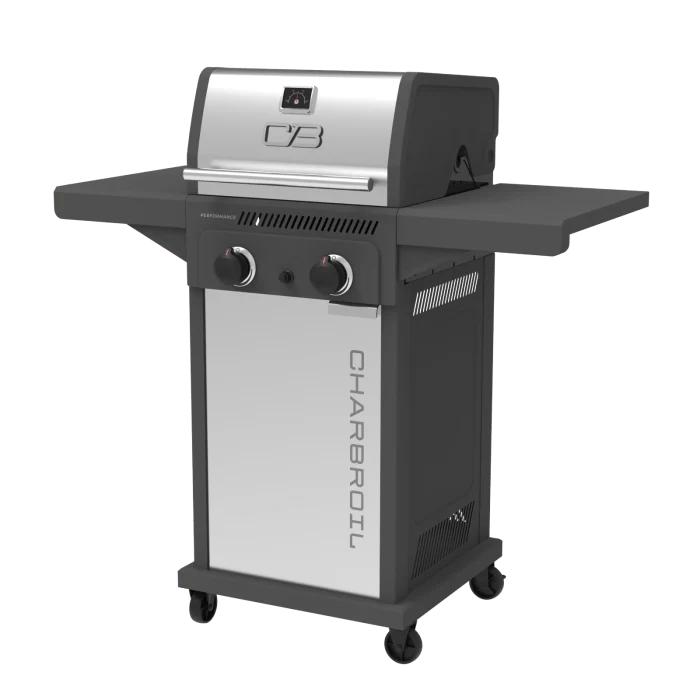Char Broil Performance Series FlavorMax 2 Burner Gas Grill Cabinet with Foldable Side Shelves Gray Stainless - Image 2