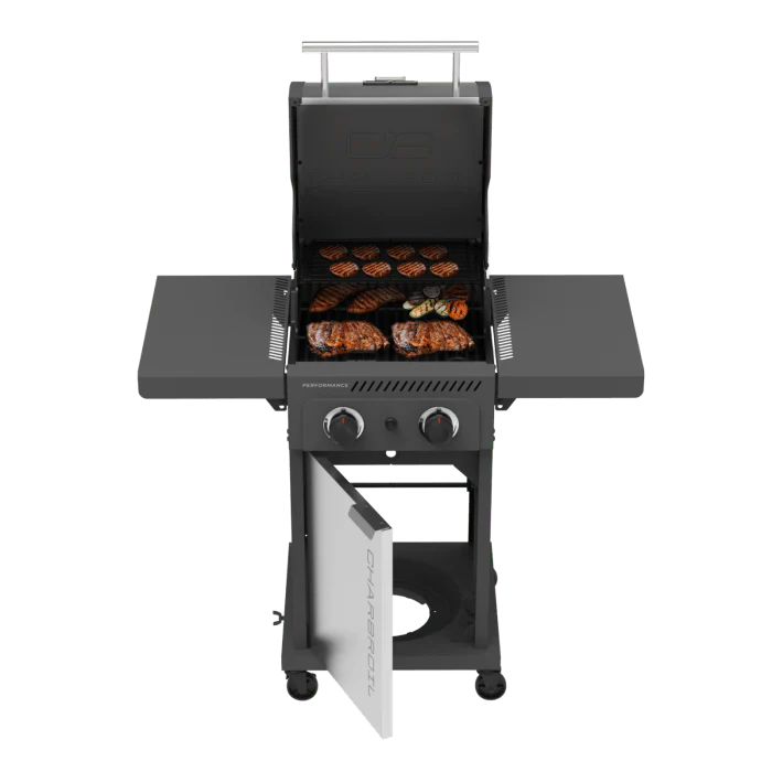 Char Broil Performance Series FlavorMax 2 Burner Gas Grill Cabinet with Foldable Side Shelves Gray Stainless - Image 4