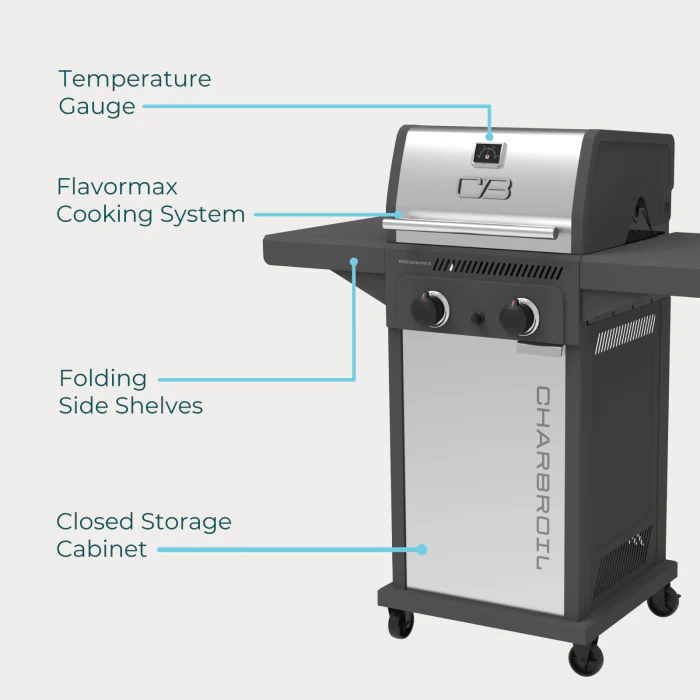 Char Broil Performance Series FlavorMax 2 Burner Gas Grill Cabinet with Foldable Side Shelves Gray Stainless - Image 8