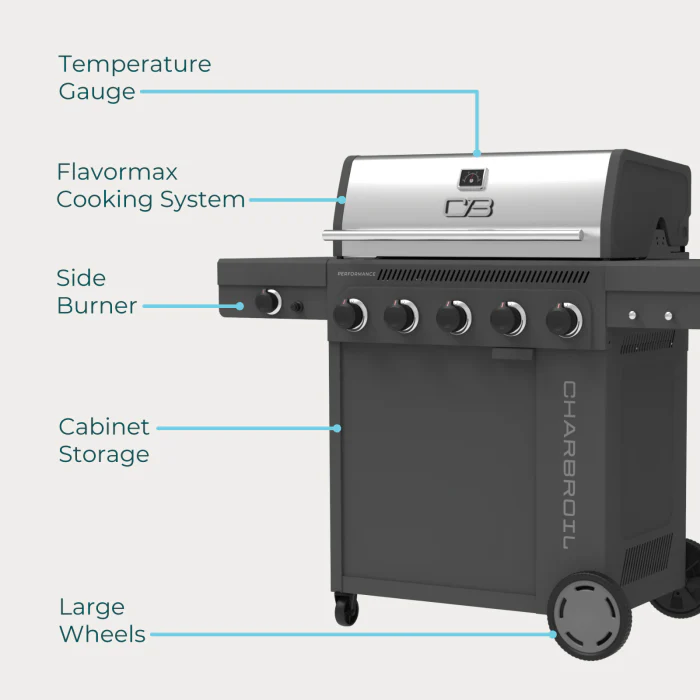 Char Broil Performance Series FlavorMax™ 5 Burner Gas Grill Cabinet with Side Burner Gray - Image 9