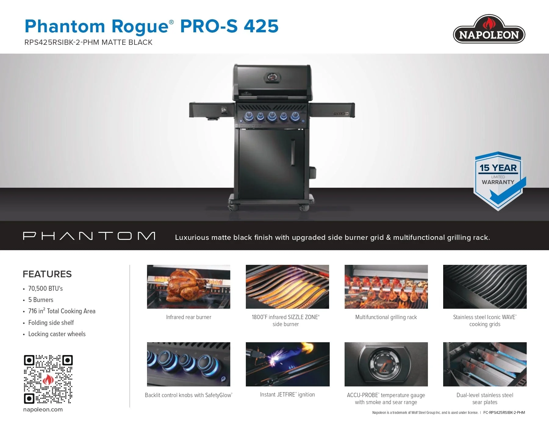 Napoleon PHANTOM Rogue PRO-S 425 RSIB Gas Grill - RPS425RSIB-2-PHM - Image 15