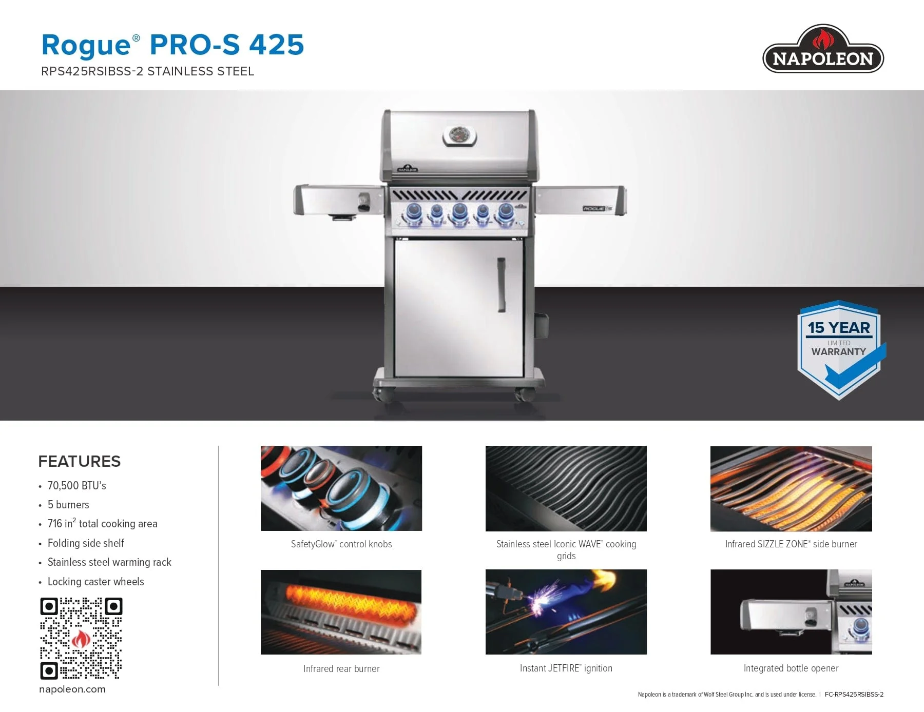 Napoleon Rogue PRO-S 425 RSIB Gas Grill (Stainless Steel) - RPS425RSIBSS-2 - Image 15